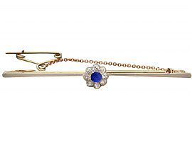 0.16ct Sapphire and 0.26ct Diamond Cluster, 15ct Yellow Gold Bar Brooch - Antique