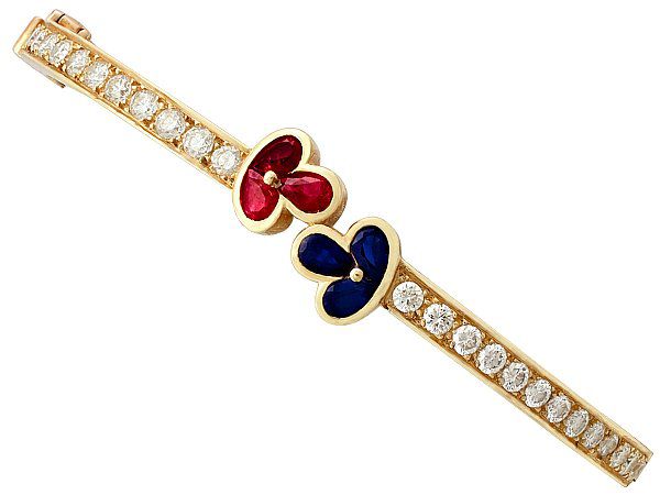 1.05 ct Ruby, 0.98 ct Sapphire and 2.16 ct Diamond, 18 ct Yellow Gold Bangle - Vintage French