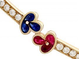 1.05 ct Ruby, 0.98 ct Sapphire and 2.16 ct Diamond, 18 ct Yellow Gold Bangle - Vintage French