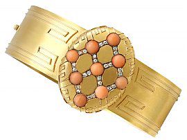 Coral and 0.33ct Diamond, 18 ct Yellow Gold Bangle - Antique Victorian